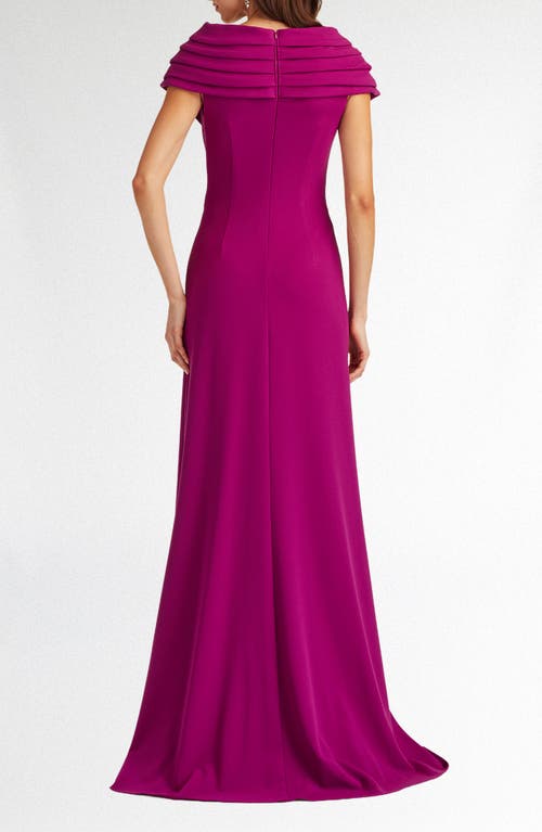 Tadashi Shoji Cascade Ruffle Portrait Neck Gown In Purple