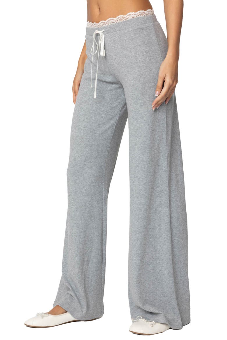Peekaboo Lace Trim Knit Wide Leg Pants, Alternate, color, GRAY-MELANGE