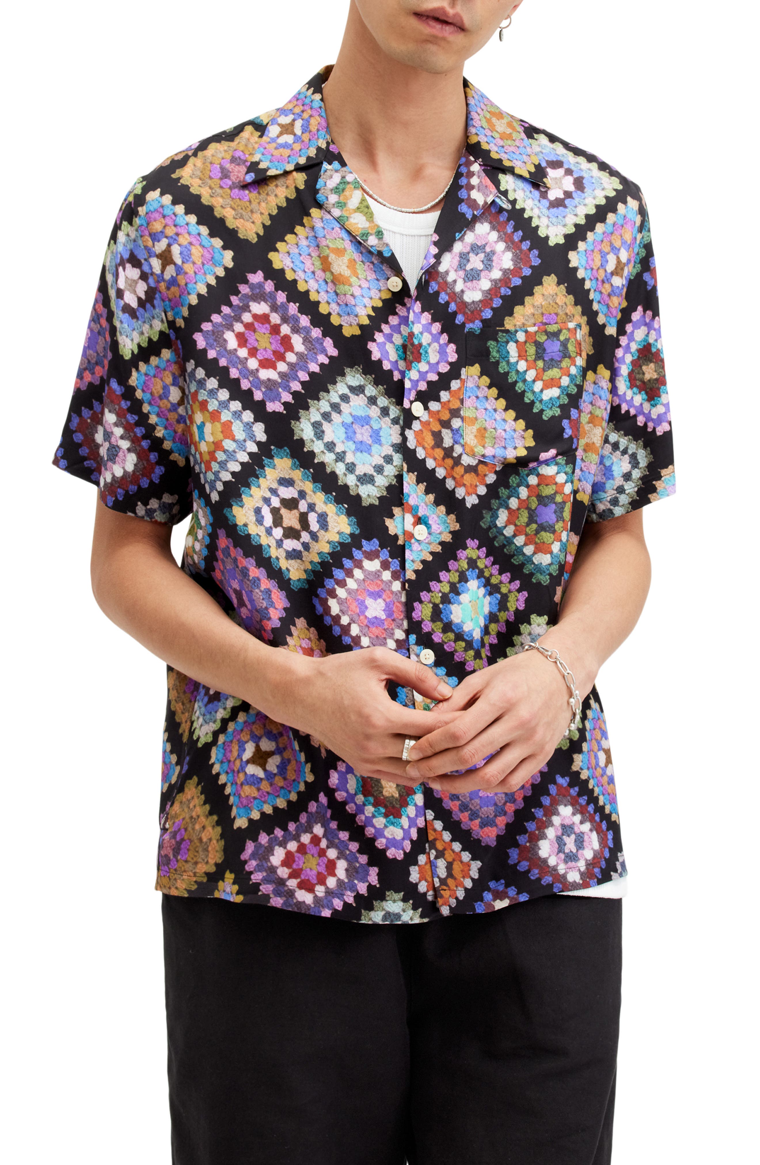 AllSaints Tunar Relaxed Fit Crochet Print Camp Shirt