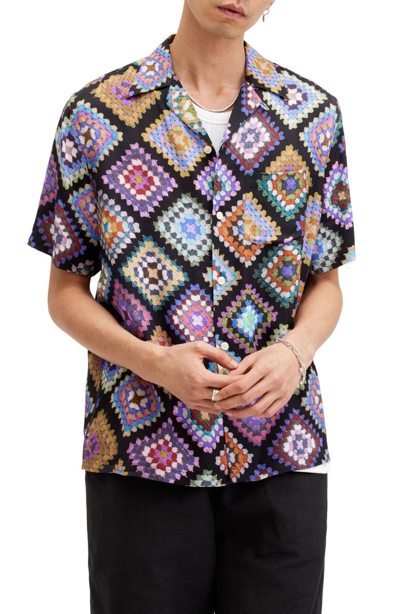 AllSaints Tunar Relaxed Fit Crochet Print Camp Shirt, Main, color, Jet Black