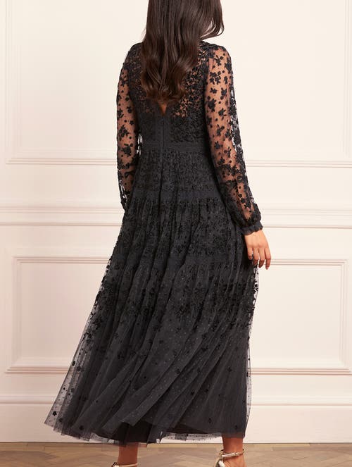 Needle & Thread Celestia Ribbon Long Sleeve V-neck Gown In Black