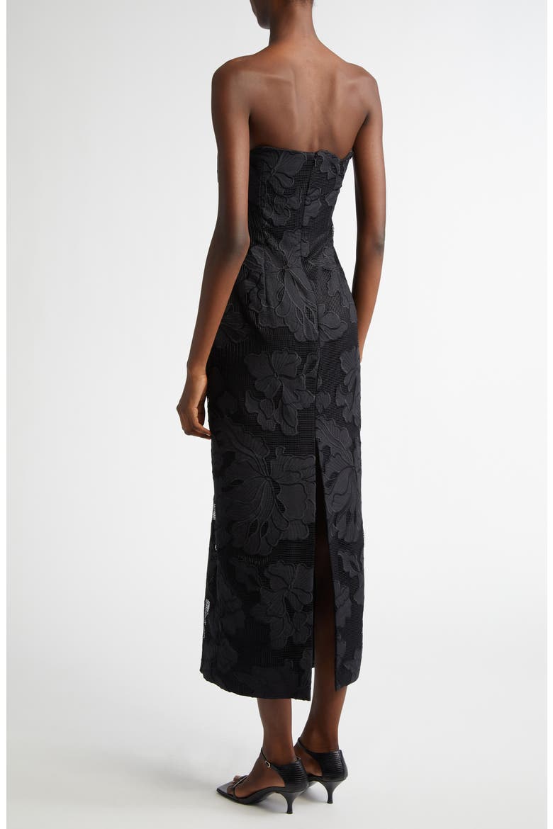 Natasha Floral Appliqué Strapless Midi Dress, Alternate, color, BLACK