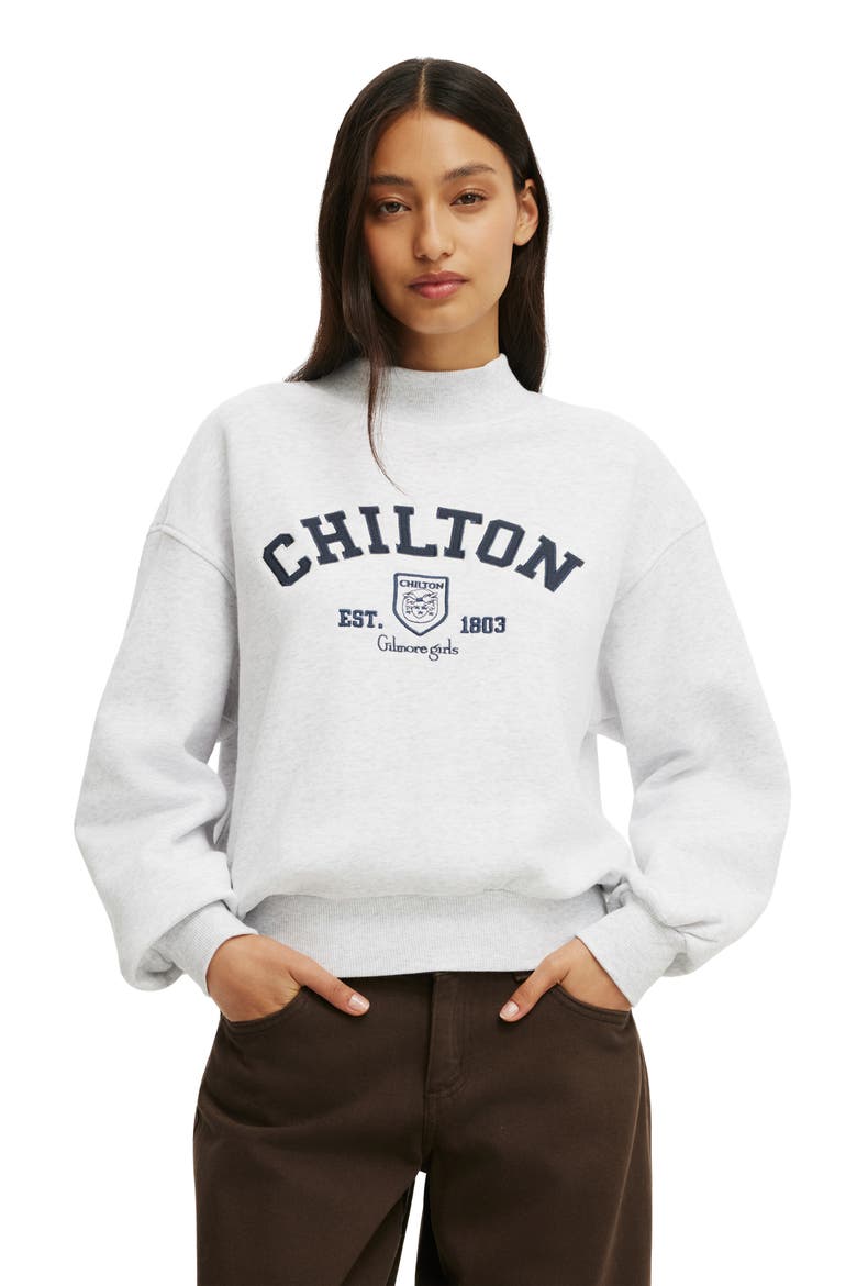 Women's License Mock Neck Sweatshirt, Main, color, Gilmore Girls Light Grey