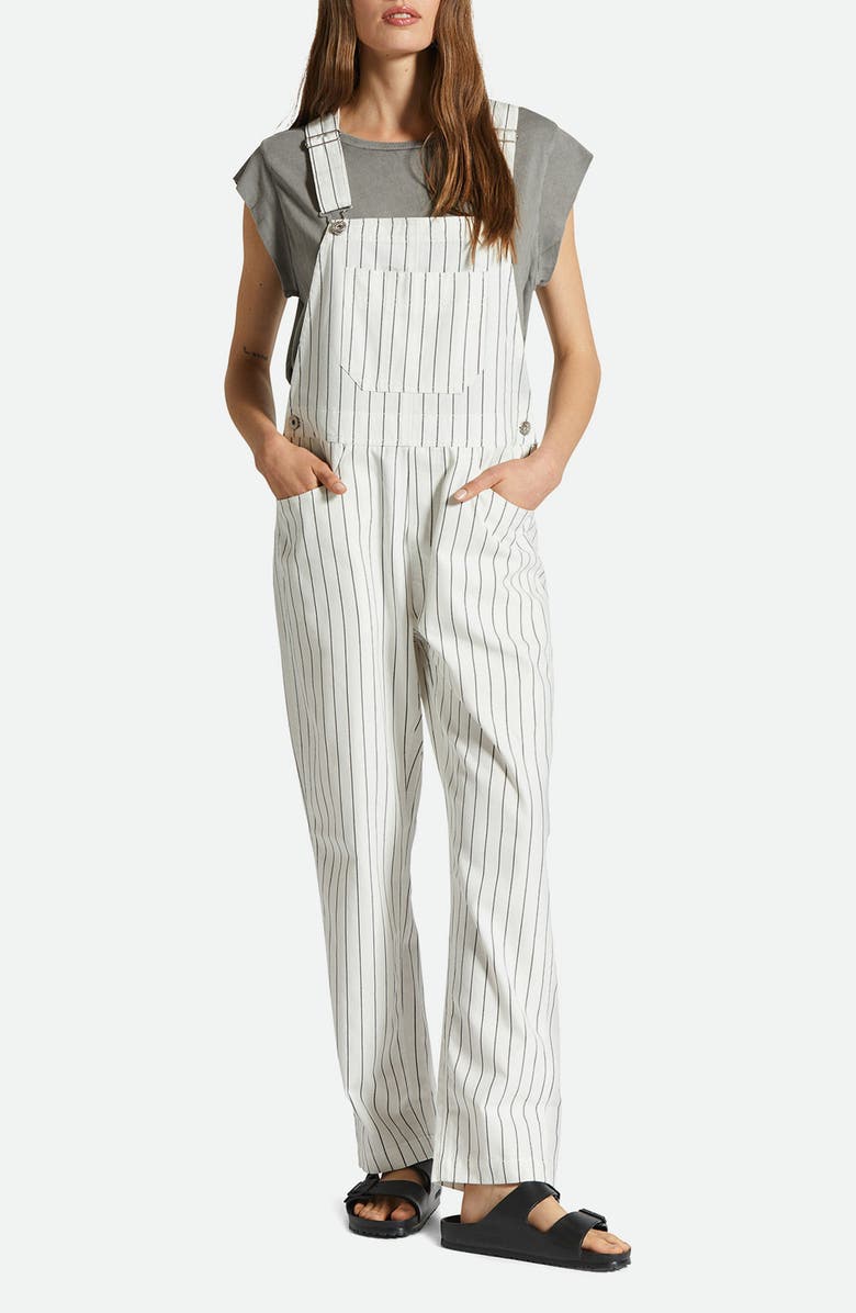 Brixton Costa Stripe Cotton Blend Overalls, Main, color, Off White/ Black