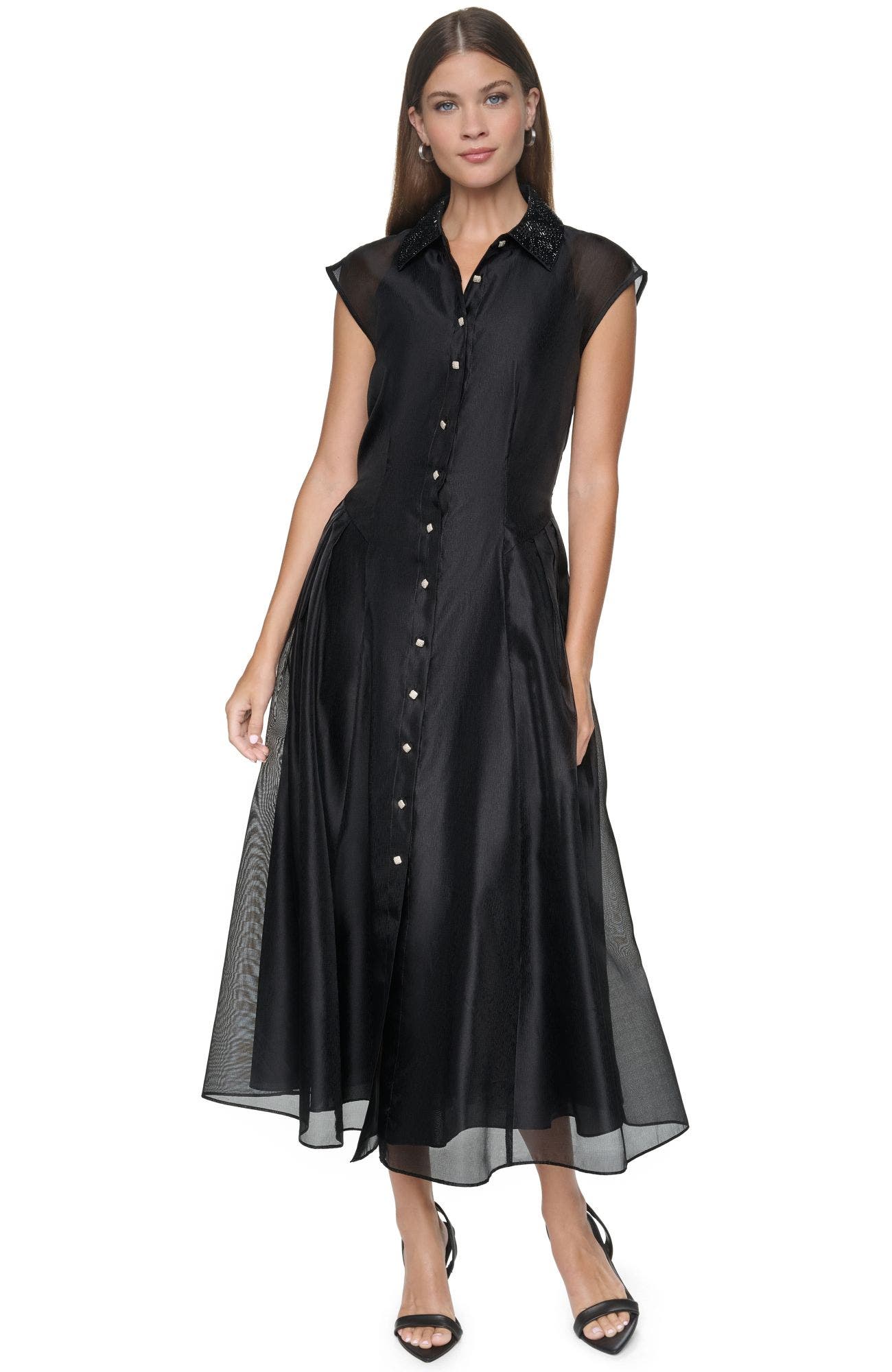 HALSTON Embellished Organza Midi Shirt Dress (Women) | Nordstrom