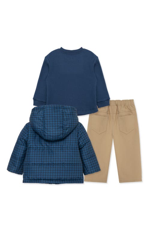 Little Me Houndstooth Hooded Puffer Jacket, Shirt & Pants Set In Blue