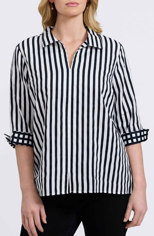 Foxcroft Agnes Stripe Long Sleeve Cotton Sateen Top In White/black