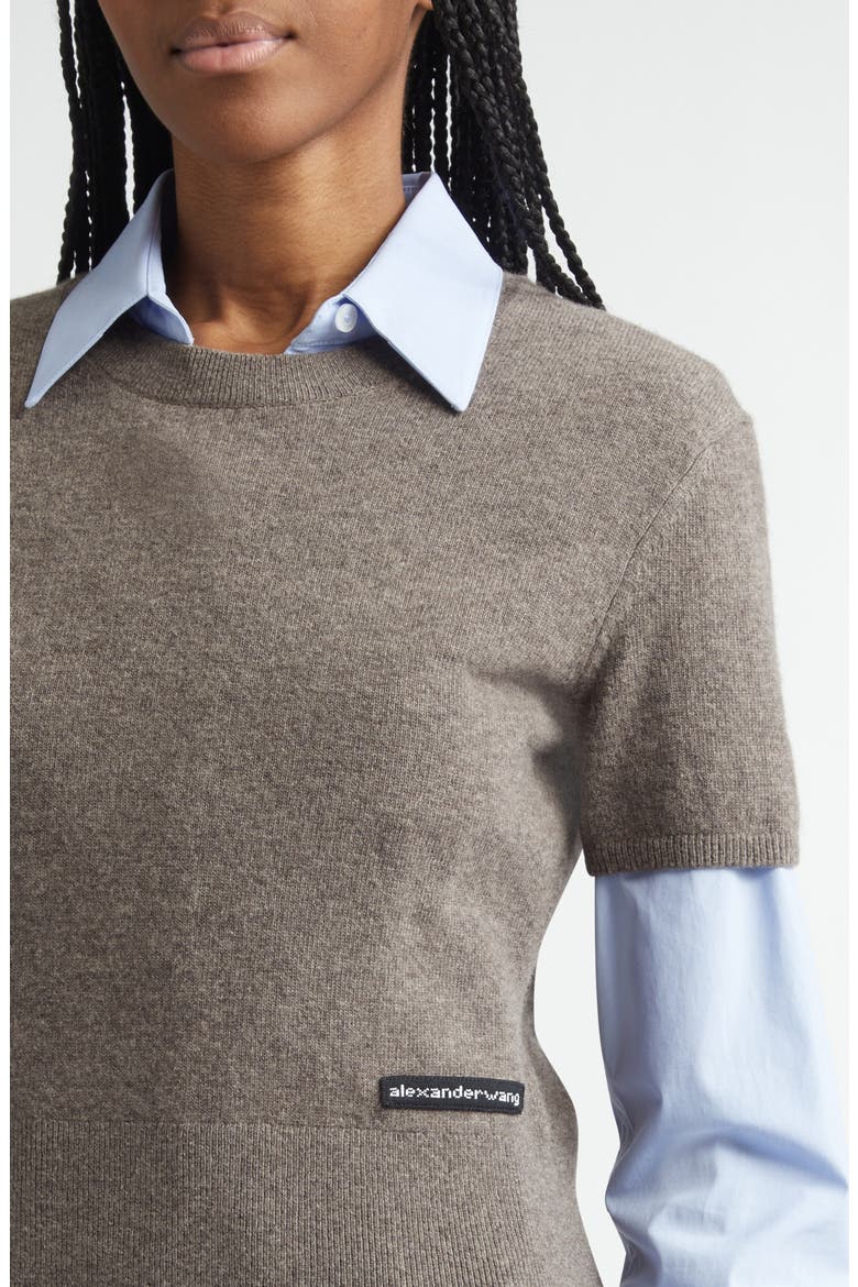 Stretch Cotton Shirt & Short Sleeve Wool Blend Sweater, Alternate, color, BROWN/ BLUE