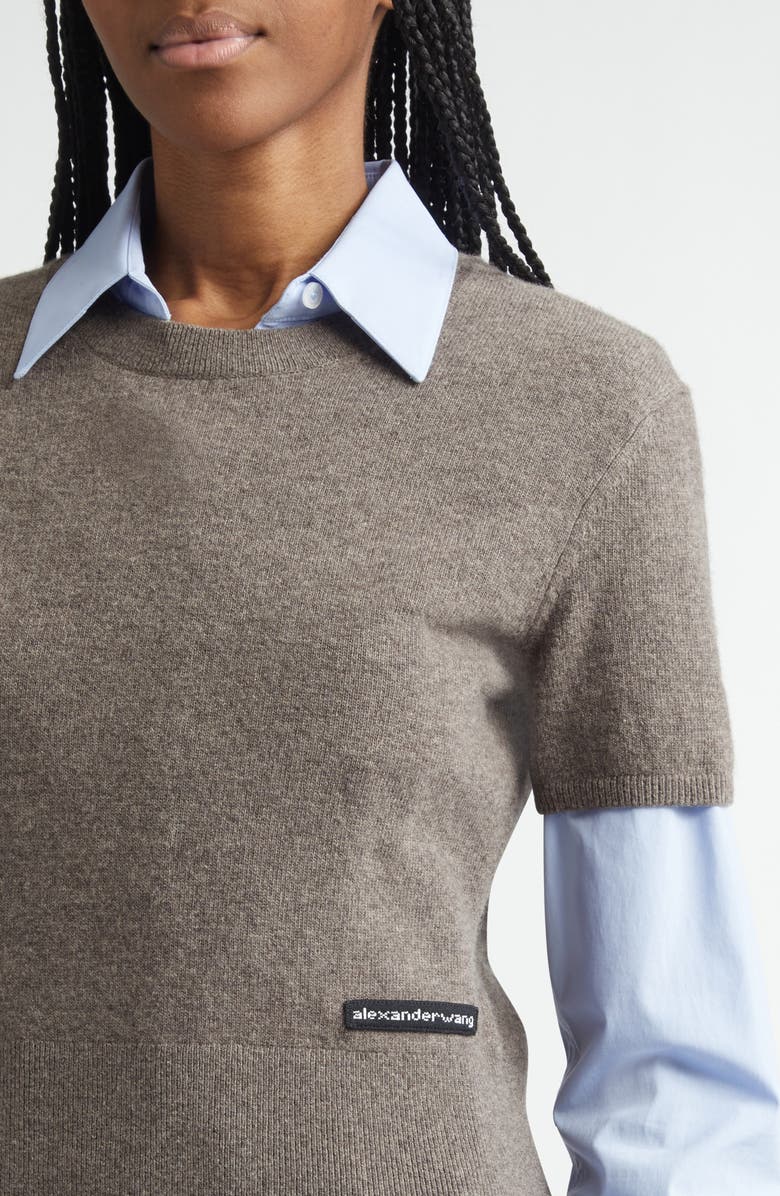 Alexander Wang Stretch Cotton Shirt & Short Sleeve Wool Blend Sweater, Alternate, color, Brown/ Blue