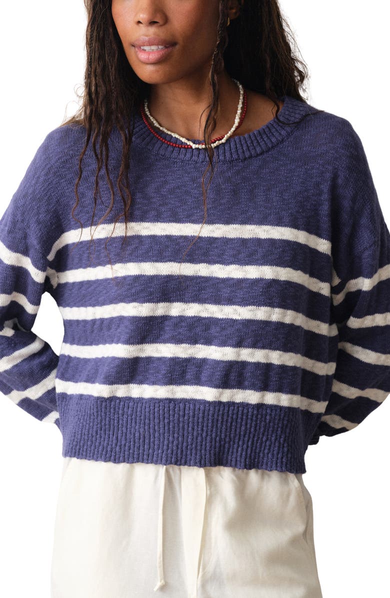 Marine Layer Sea Breeze Placed Stripe Cotton Crewneck Sweater, Main, color, Navy/ White Stripe