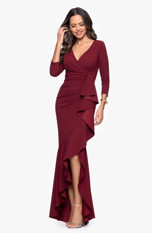 Betsy & Adam Ruffle Scuba Crepe Faux Wrap High-low Mermaid Gown In Burgundy