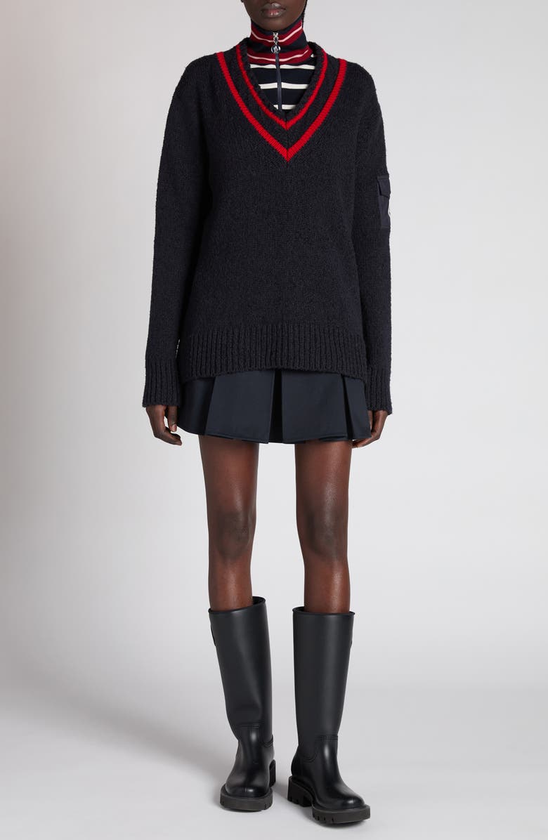 Moncler Padded V-Neck Sweater, Alternate, color, Dark Navy Blue