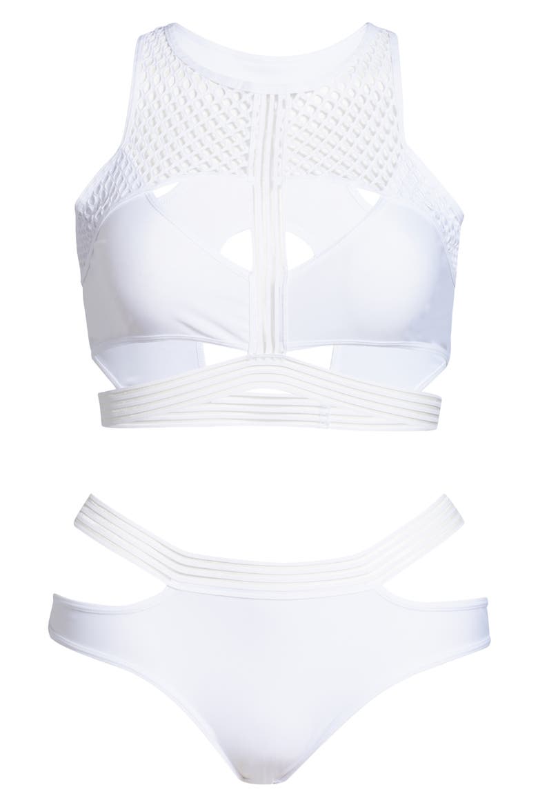 Mesh & Strap Detail Bra & Briefs Set, Alternate, color, WHITE
