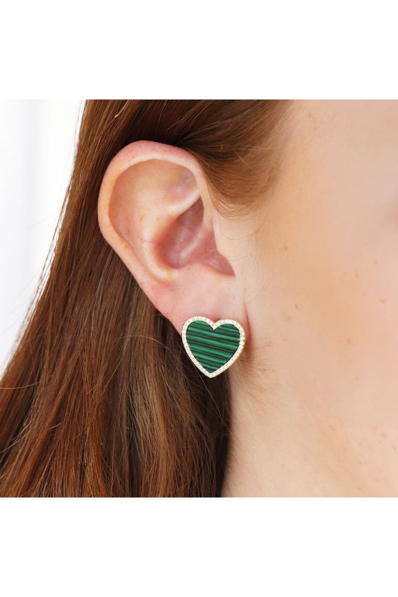 Large Malachite CZ Halo Heart Stud Earrings, Alternate, color, Malachite