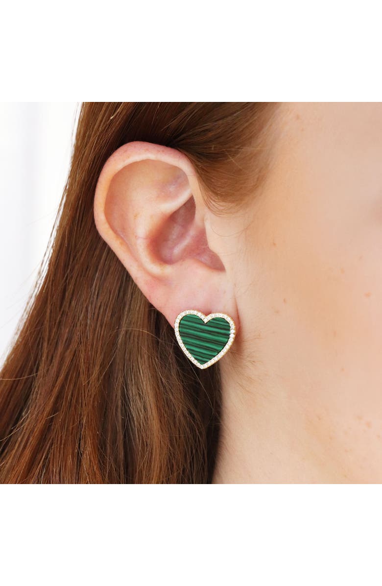 The Lovery Fine Jewelry Large Malachite CZ Halo Heart Stud Earrings, Alternate, color, Malachite