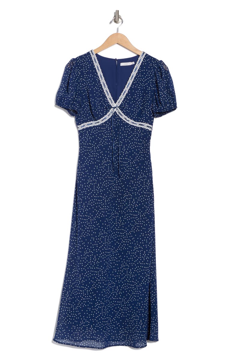 Lush Lace Trim Puff Sleeve Empire Waist Midi Dress, Alternate, color, Navy White Dot