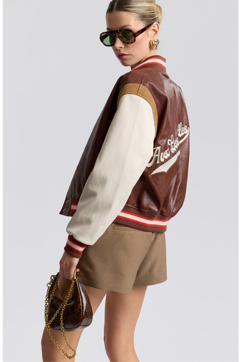 Faux Leather Varsity Bomber Jacket, Alternate, color, VARSITY RED MULTI
