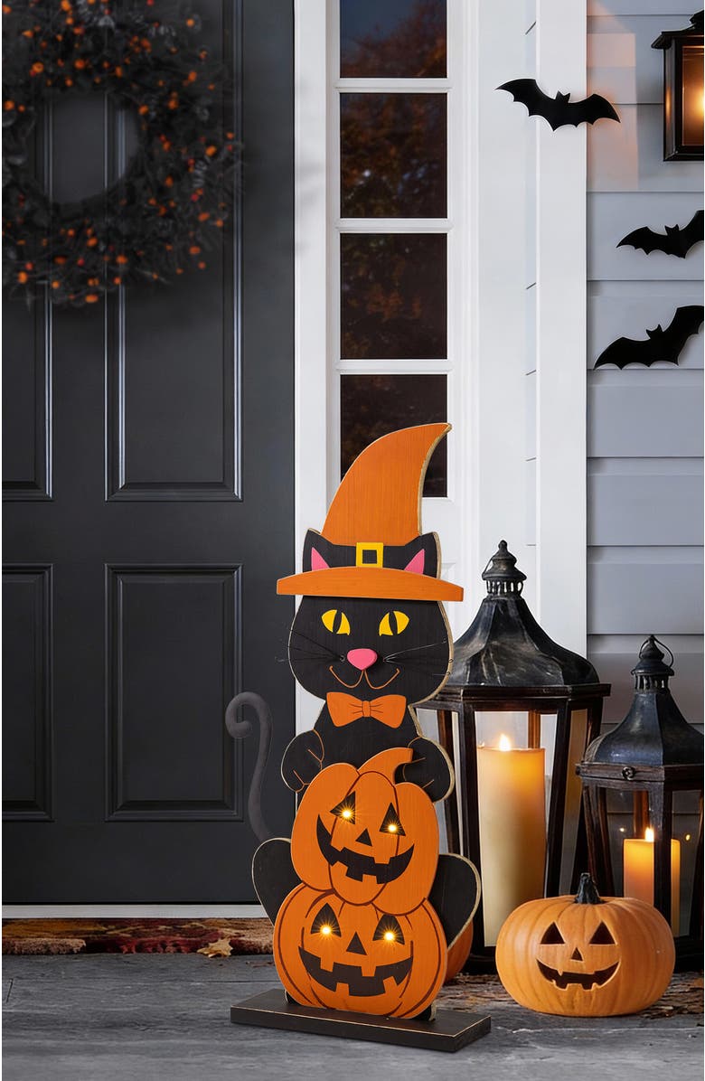 Glitzhom 30"H Halloween Wooden Lighted Witch Dog or Cat Porch Decor with Timer, Alternate, color, Black