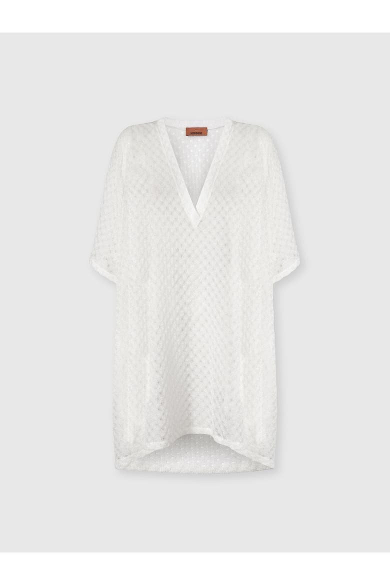 Short Caftan Cover-up In Lamé Viscose With Raschel Workmanship, Alternate, color, White