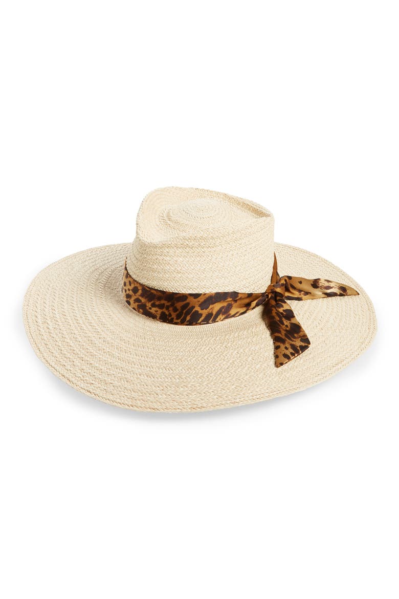 Roxbury Straw Hat with Leopard Print Silk Band, Main, color, NATURAL/ CREAM