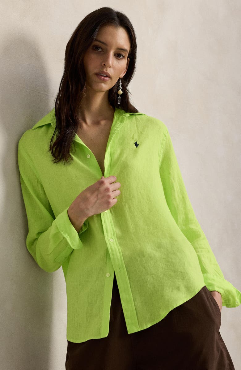 Polo Ralph Lauren Classic Fit Linen Button-Up Shirt, Alternate, color, Electric Lime