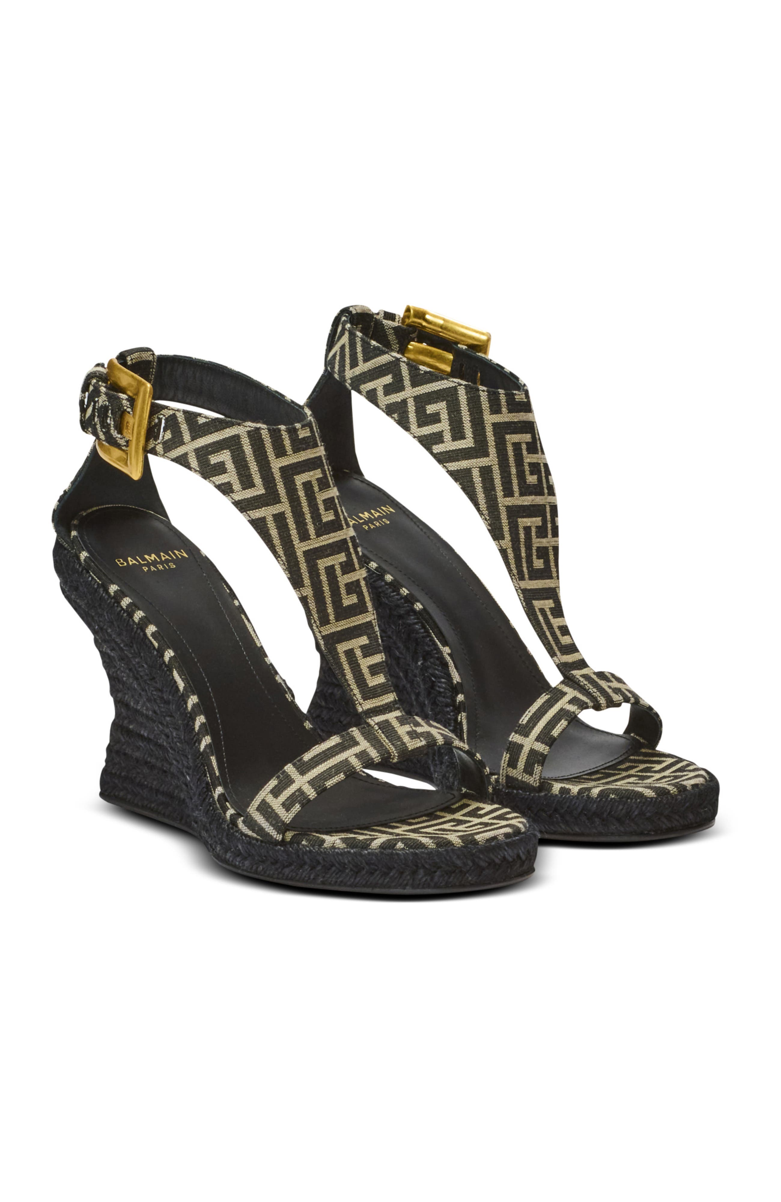 Balmain Anthem wedge espadrilles in monogram jacquard, Main, color, Black