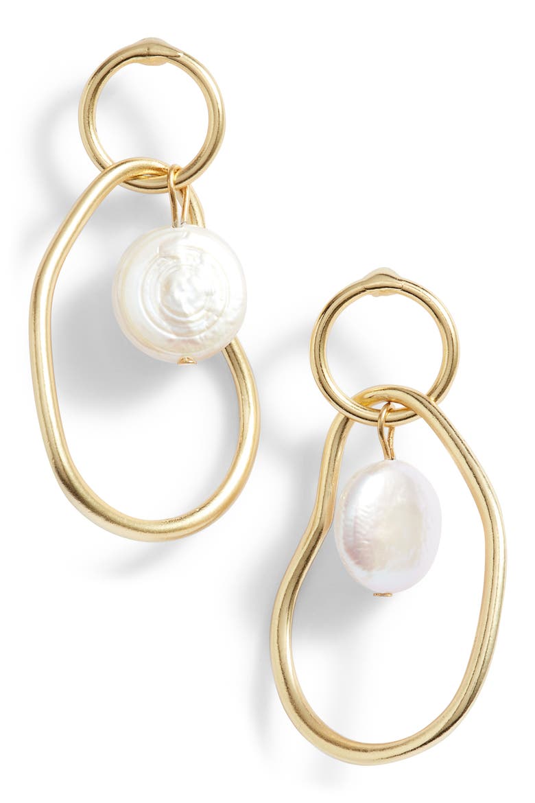 Link Drop Earrings with Cultured Pearl, Main, color, GOLD