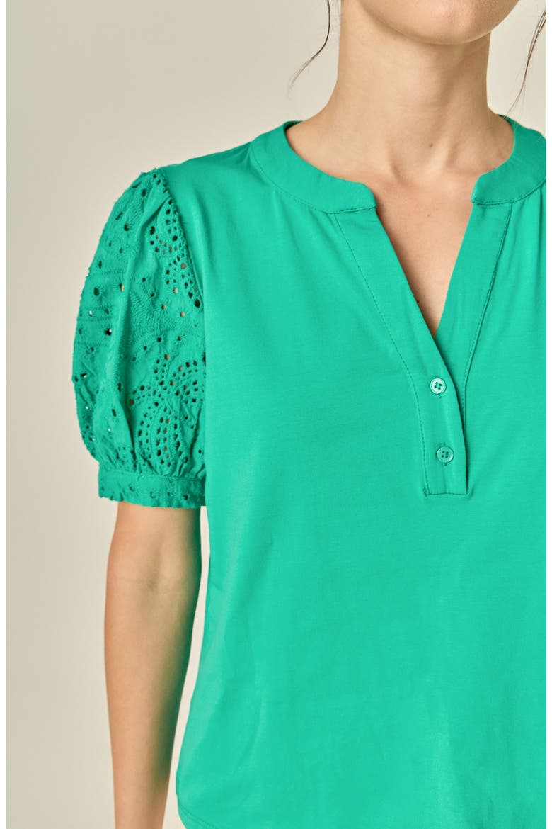Mixed Media Eyelet Sleeve Top, Alternate, color, GREEN