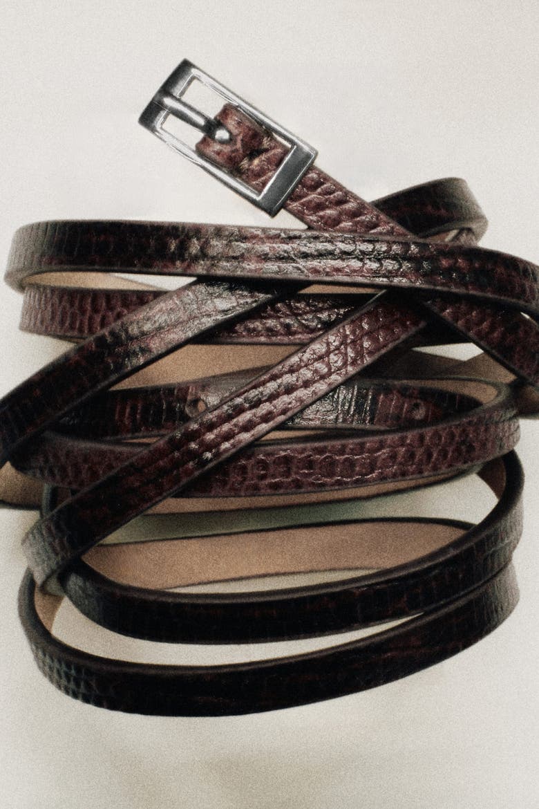 Skinny Double-wrap Leather Belt, Alternate, color, BROWN / LIZARD EFFECT