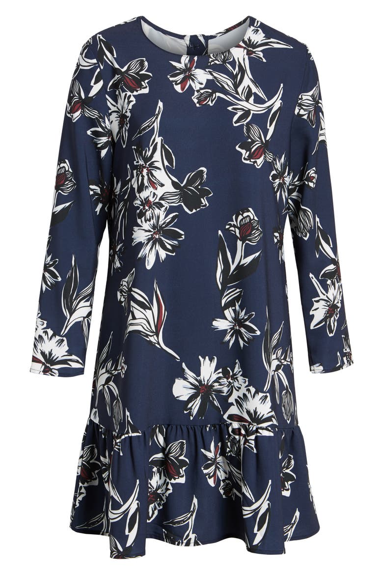 Button Back Ruffle Hem Dress, Alternate, color, NAVY FLORAL