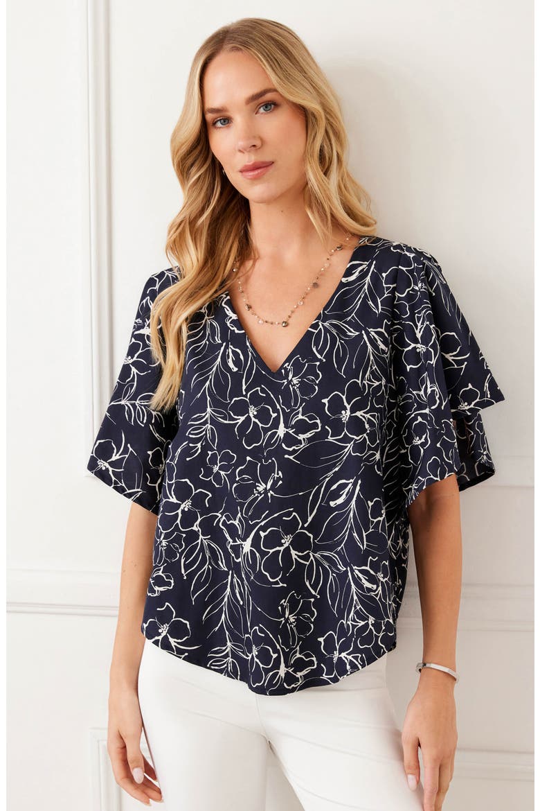 Flutter Sleeve V-Neck Cotton Top, Alternate, color, PRINT