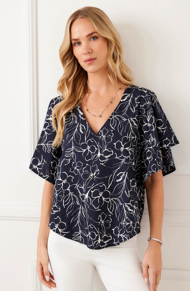 Karen Kane Flutter Sleeve V-Neck Cotton Top, Alternate, color, Print