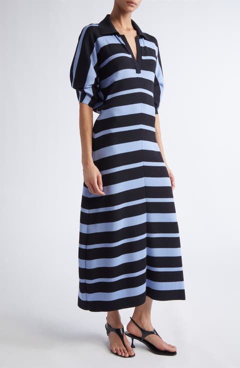 Solana Stripe Merino Wool & Silk Midi Polo Dress