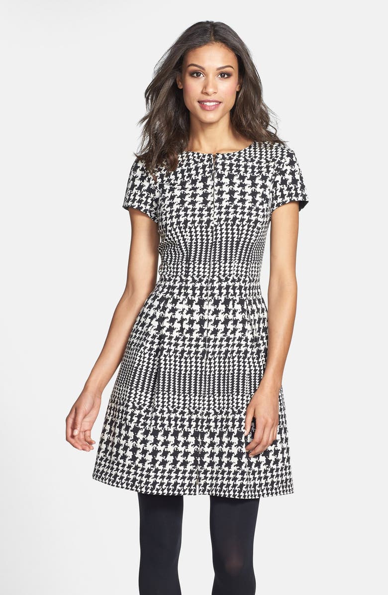 Eliza J Front Zip Houndstooth Jacquard Fit & Flare Dress, Alternate, color, 