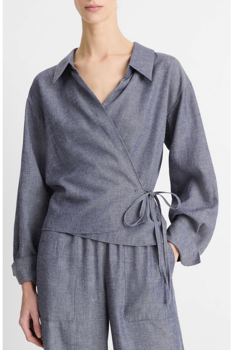 Long Sleeve Wrap Top, Main, color, MID INDIGO