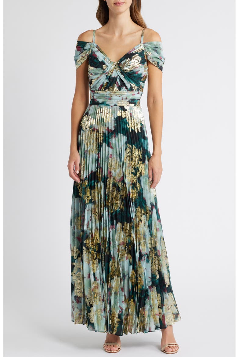 Cold Shoulder Pleated Gown, Main, color, SPRUCE GOLD