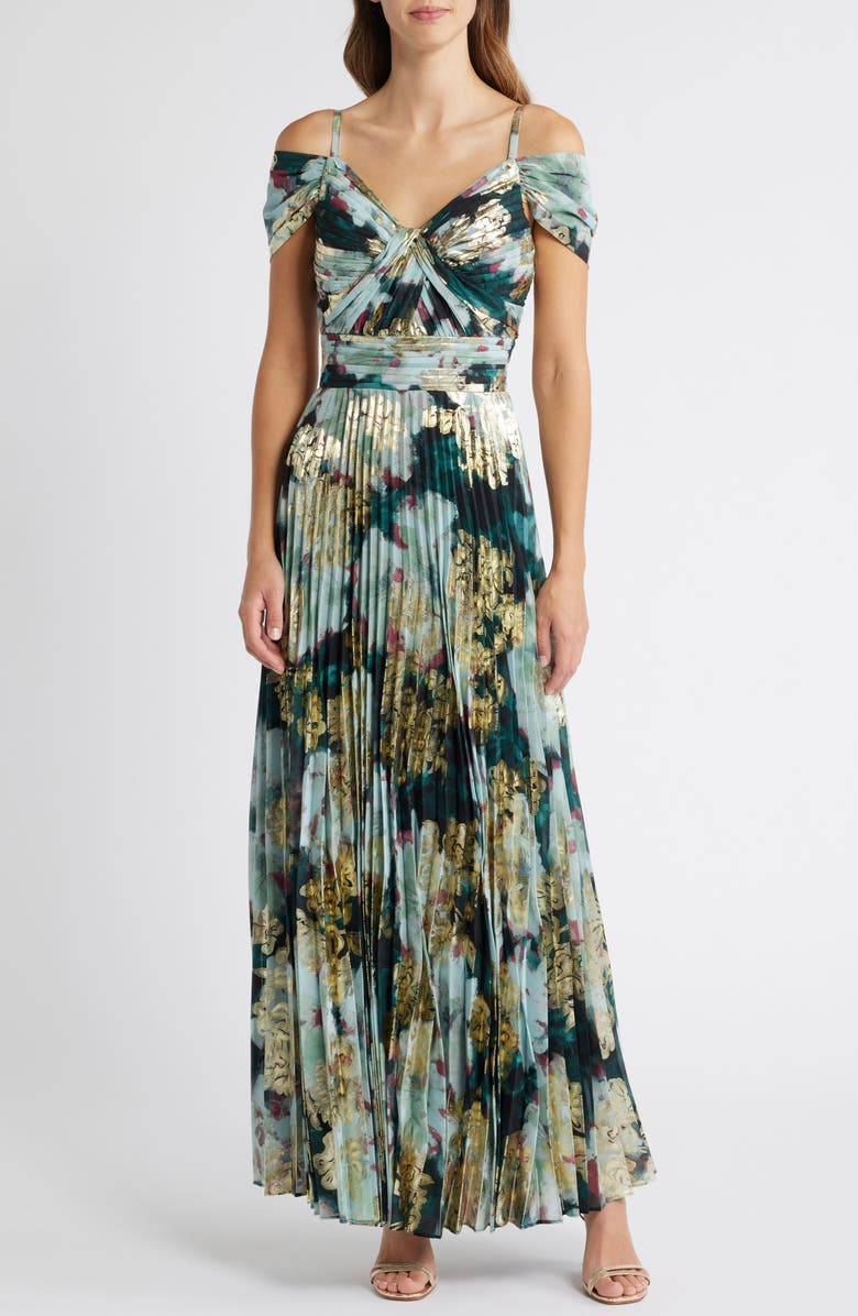 Tahari ASL Cold Shoulder Pleated Gown, Main, color,