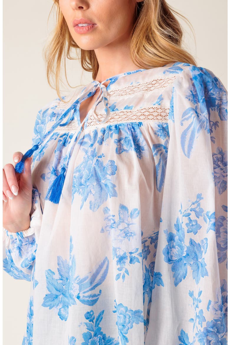 Lace Trim Split Neck Top, Alternate, color, IVORY BLUE
