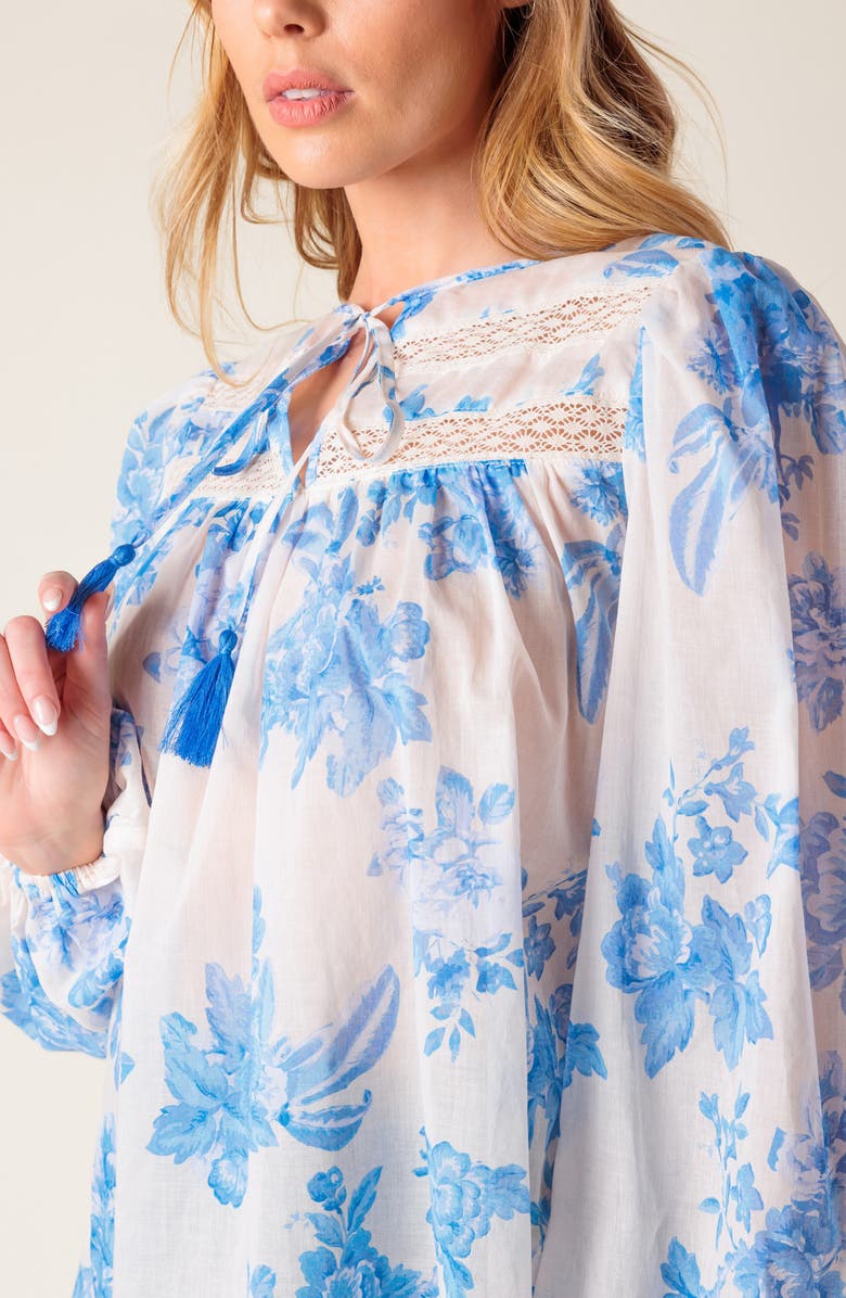 FLYING TOMATO Lace Trim Split Neck Top, Alternate, color, Ivory Blue