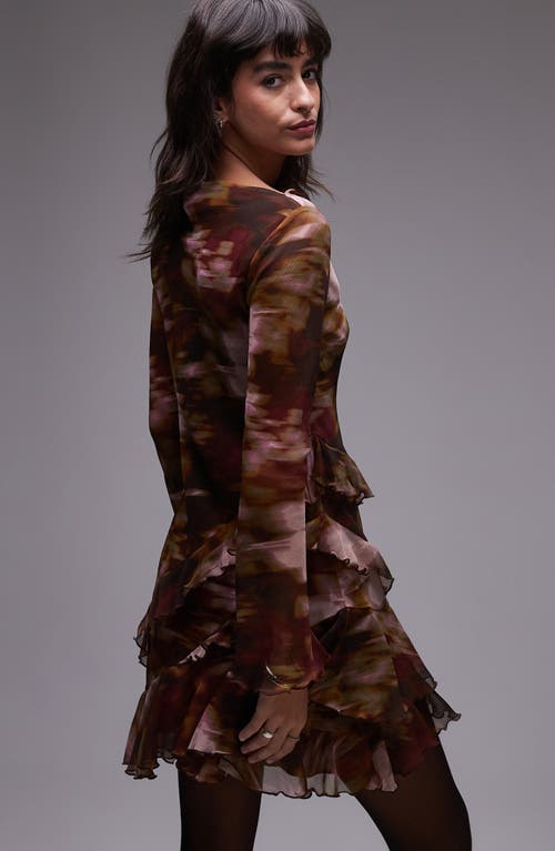 Topshop Abstract Floral Ruffle Long Sleeve Chiffon Minidress In Brown Multi