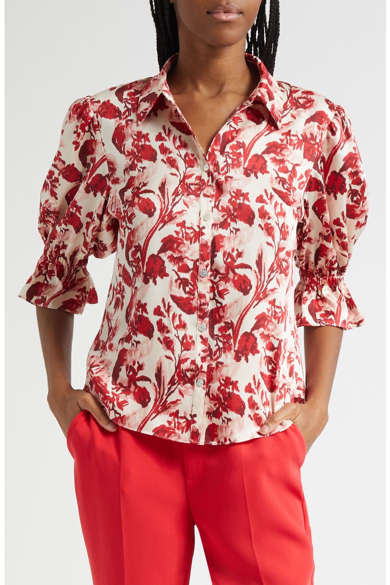 Fiona Floral Ribbons Button-Up Shirt, Main, color, CHERRY ROSE MULTI