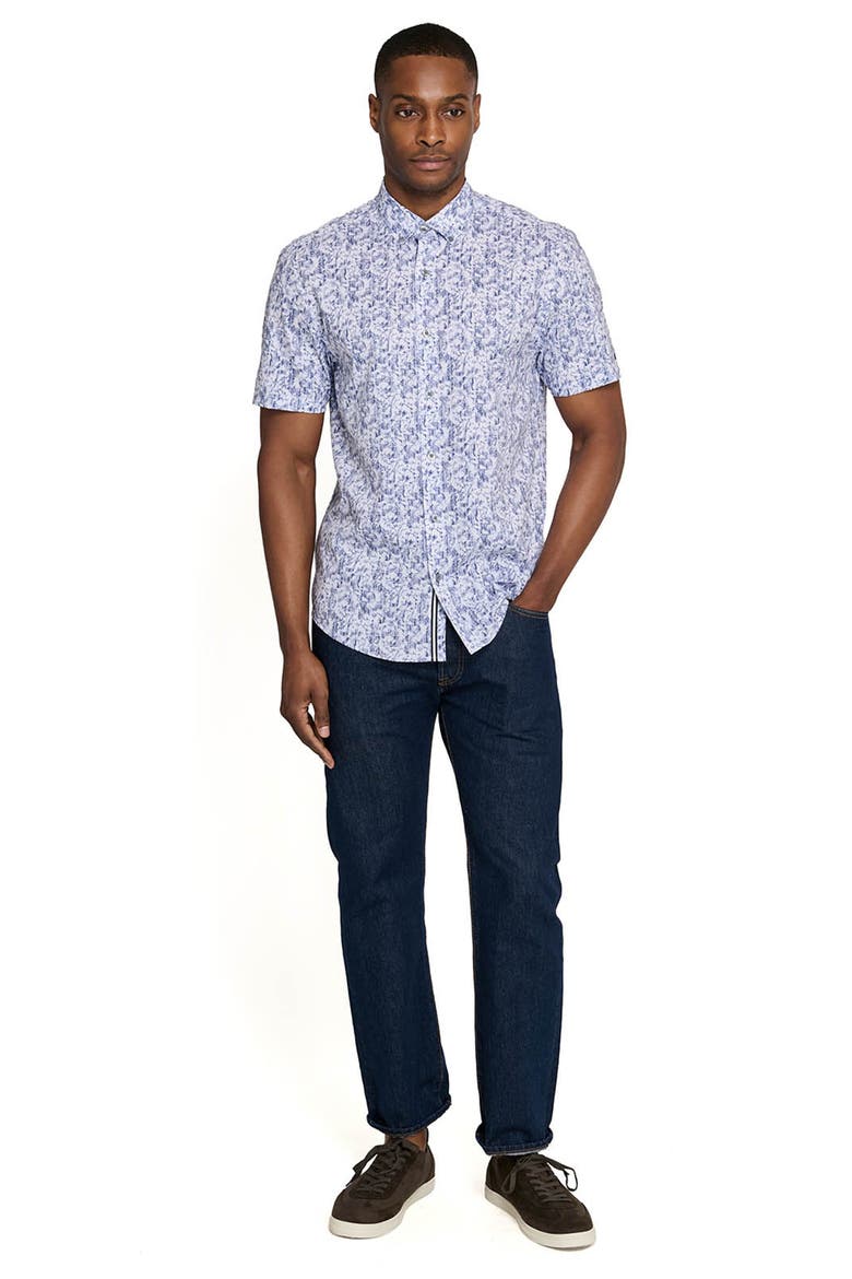 Sketched Foliage Short Sleeve Button Down Performance Shirt, Alternate, color, WHITE/BLUE