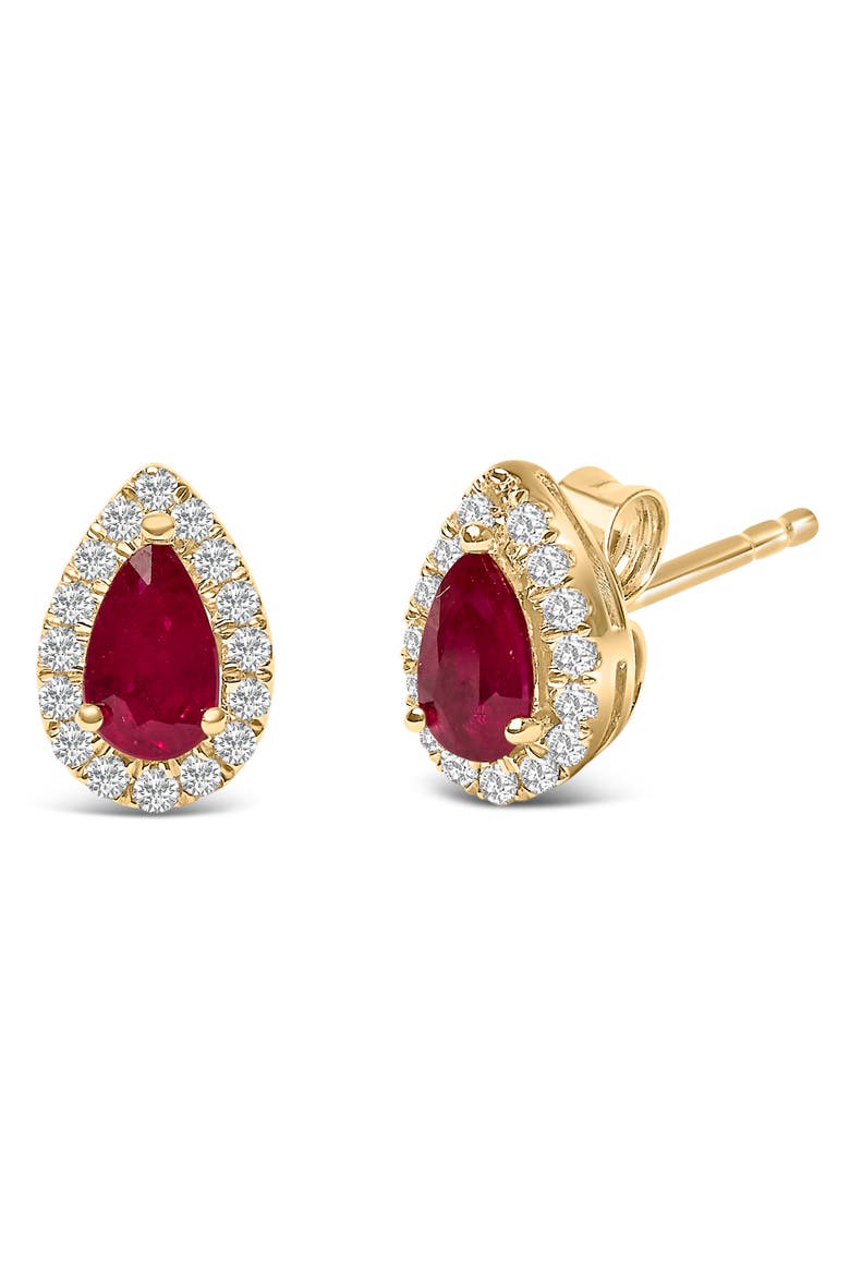 10K Yellow Gold 5X3 MM Pear-Cut Ruby and 1/7 Cttw Diamond Halo Stud Earrings, Alternate, color, Yellow