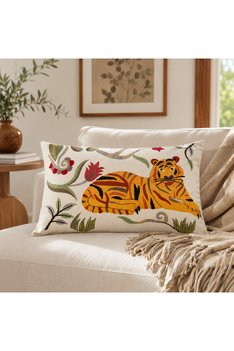 Floral Safari Tiger Pillow | Cotton Fabric, Alternate, color, White