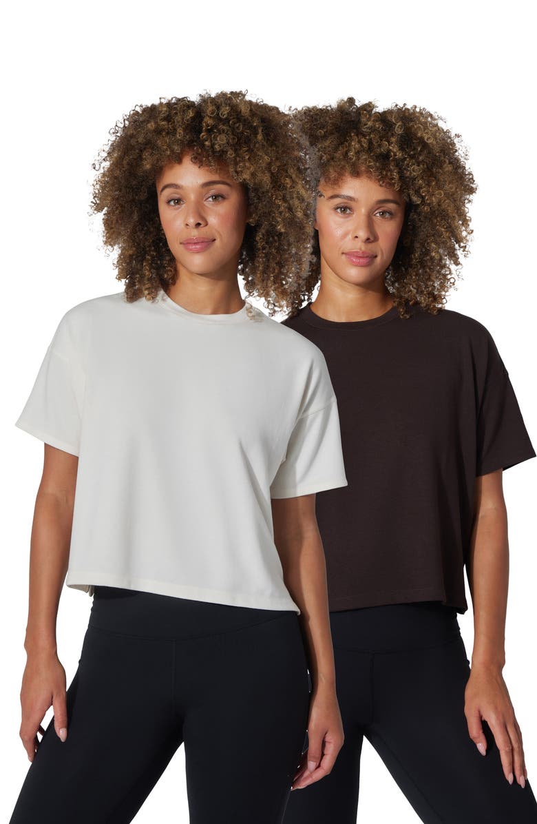 90 DEGREE BY REFLEX Peached Jersey Deluxe Boxy Cropped Tee, Alternate, color, Chocolate Mousse/ White Dove