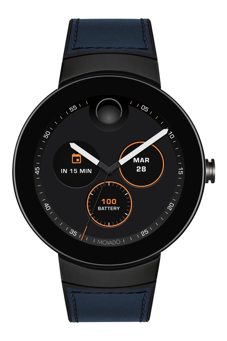 Connect Silicone & Leather Strap Smart Watch, 44mm, Alternate, color, NAVY/ BLACK/ GUNMETAL