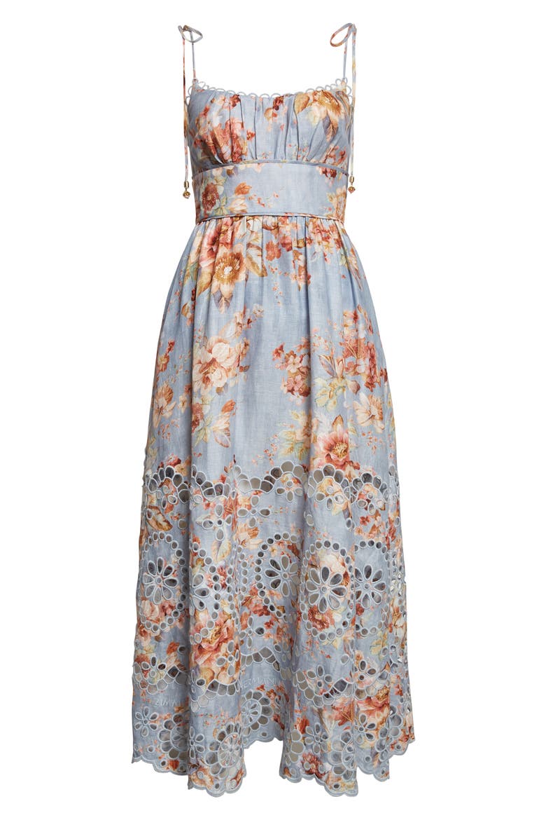 Awaken Picnic Eyelet Embroidered Linen Sundress, Alternate, color, CHAMBRAY FLORAL