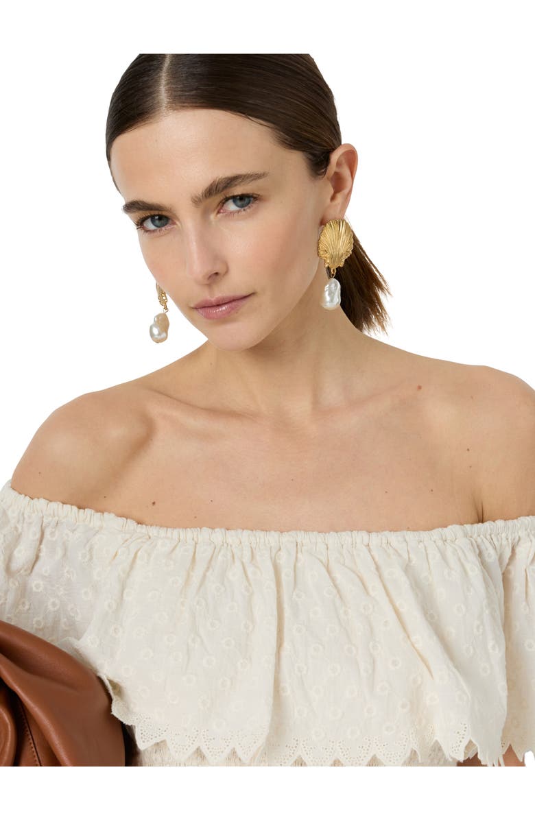 GERARD DAREL Smocked Bardot Ruffle Eyelet Blouse, Alternate, color, White