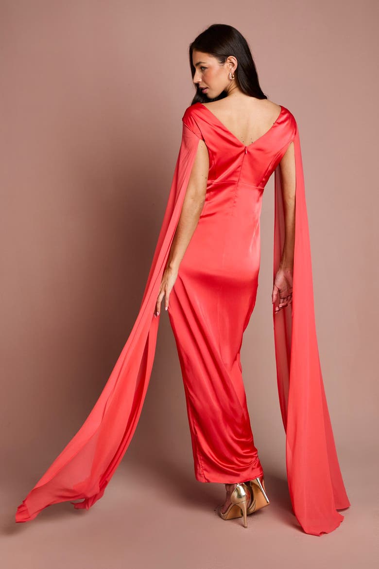 Cape Sleeve V-Neck Satin Maxi Dress, Alternate, color, Coral