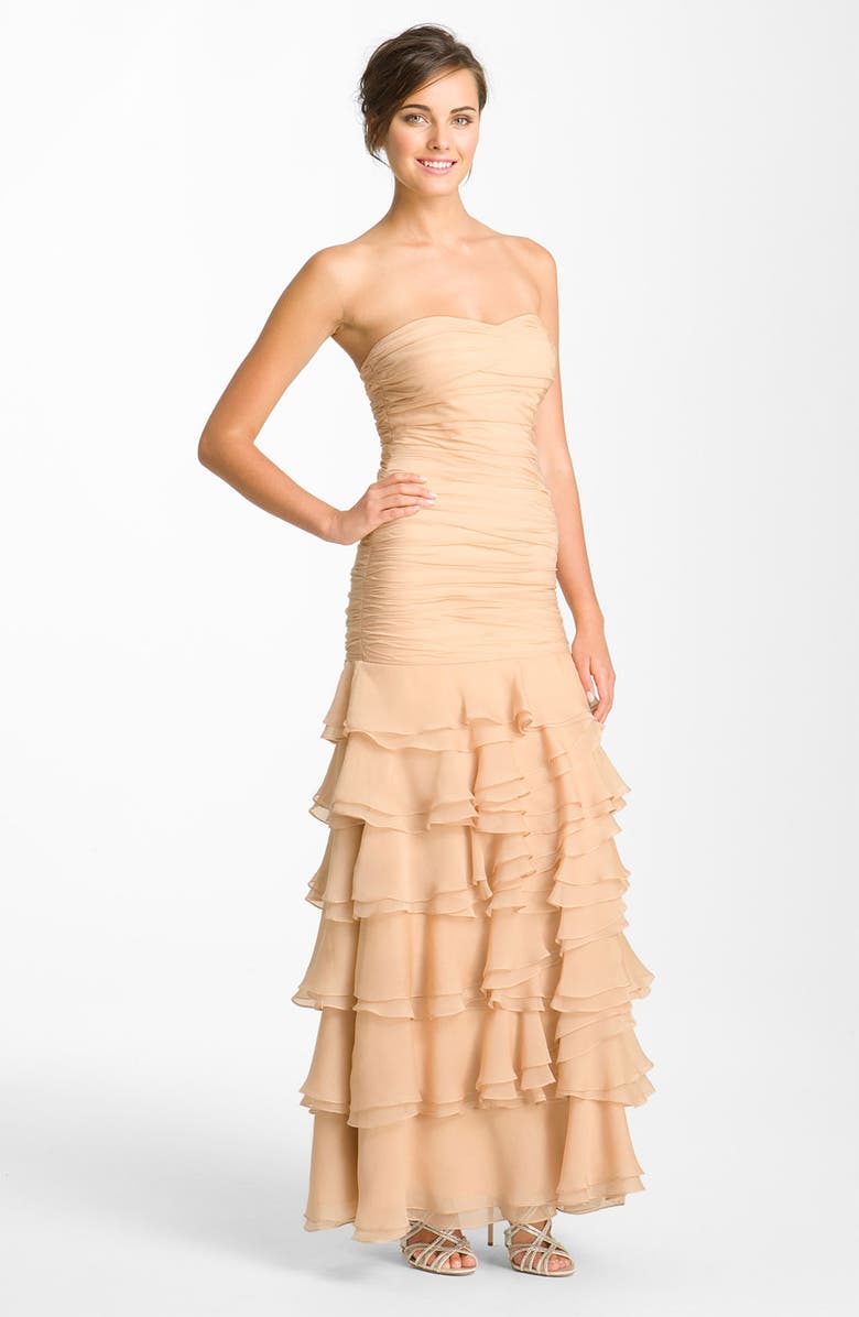 Dalia MacPhee Ruched & Tiered Strapless Chiffon Gown, Main, color,